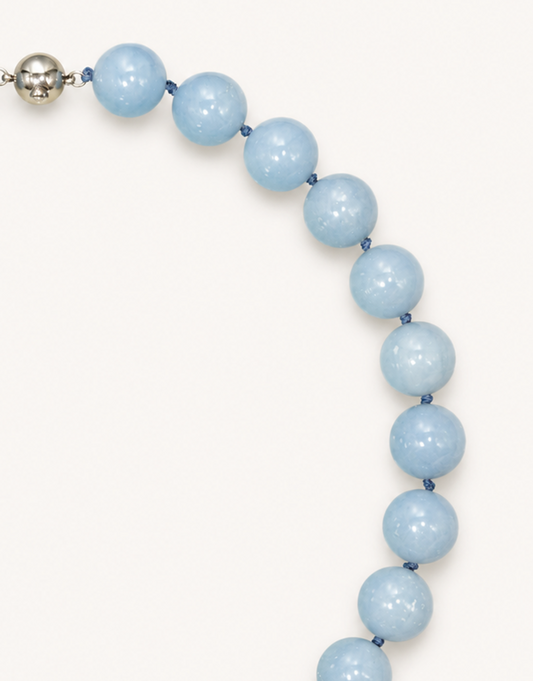 A 16-inch Natural Angelite Necklace featuring large 14mm polished beads in soft sky-blue with delicate white marbling.