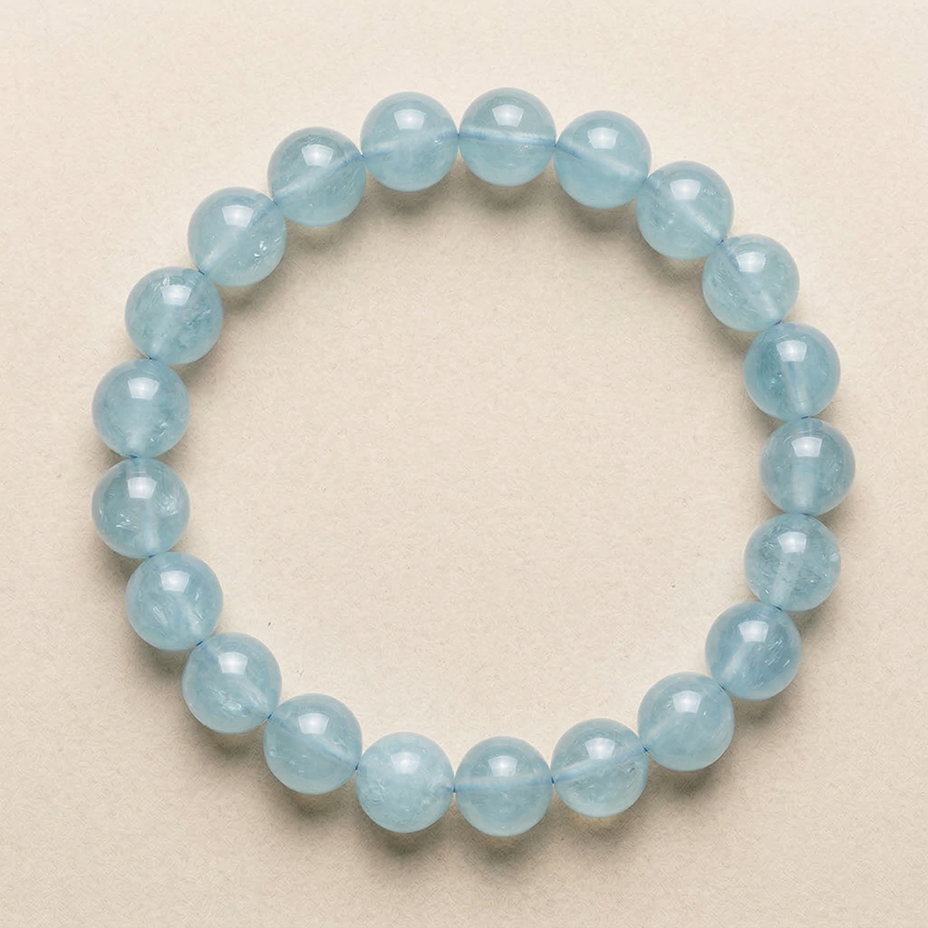 Light blue Aquamarine beaded bracelet on a beige background