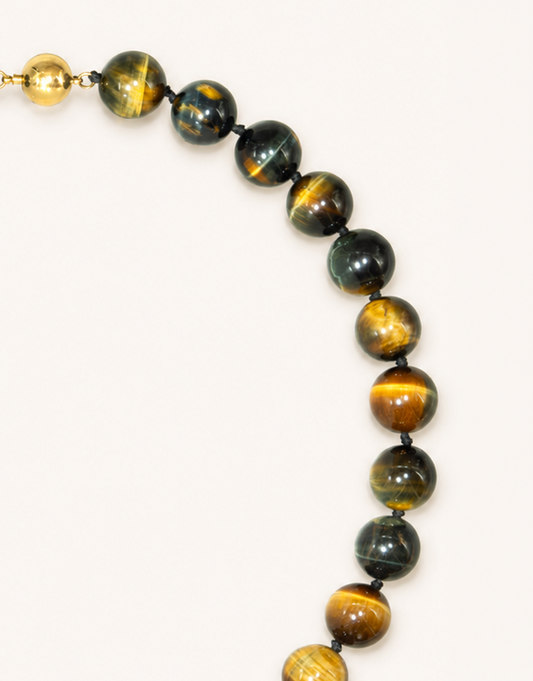 A 16-inch Natural Brown and Blue Tiger's Eye Choker showcasing smooth 12mm beads with golden-brown and deep blue chatoyant banding.