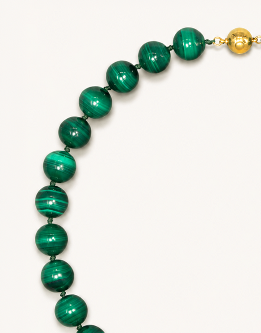 A 16-inch Natural Malachite Choker featuring large 12mm polished beads with unique green banded patterns.
