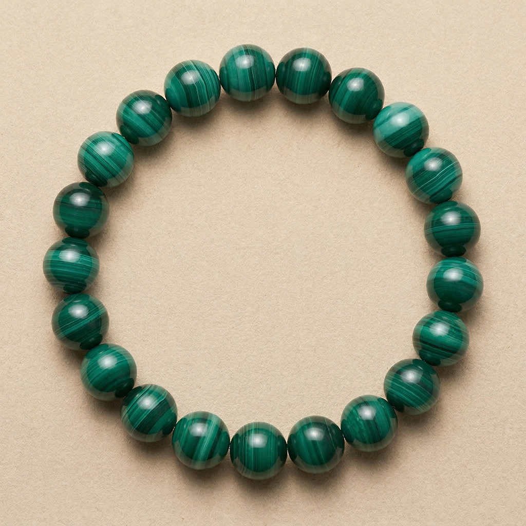 Malachite beaded bracelet on a beige background