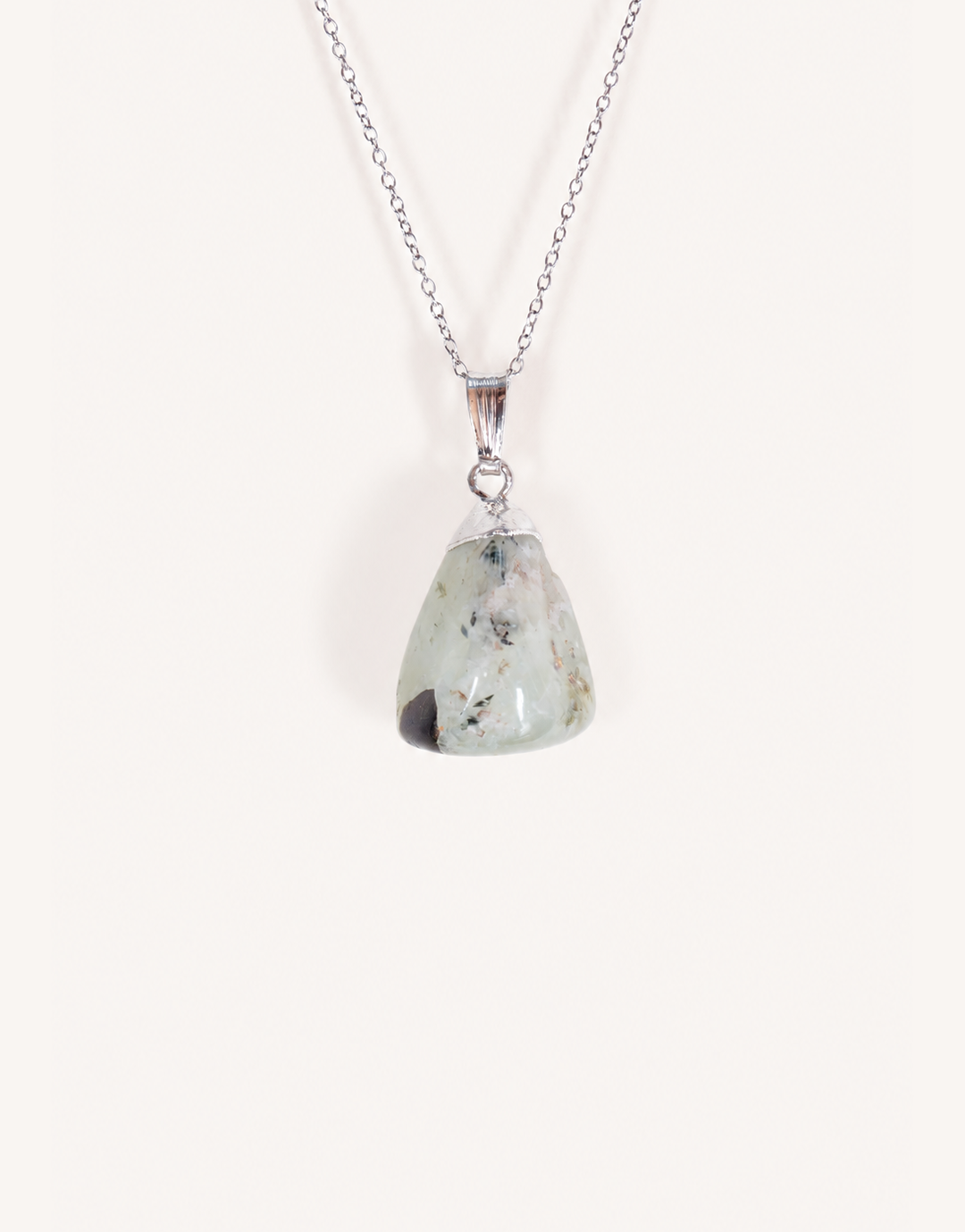 A Natural Prehnite Pendant featuring a smooth translucent light green tumbled stone on an 18-inch stainless steel chain.