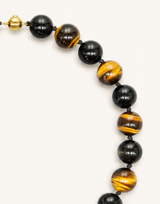 A 16-inch Natural Silver Sheen Obsidian and Tiger's Eye Necklace featuring 16mm polished beads with silver metallic flash and golden chatoyant bands.