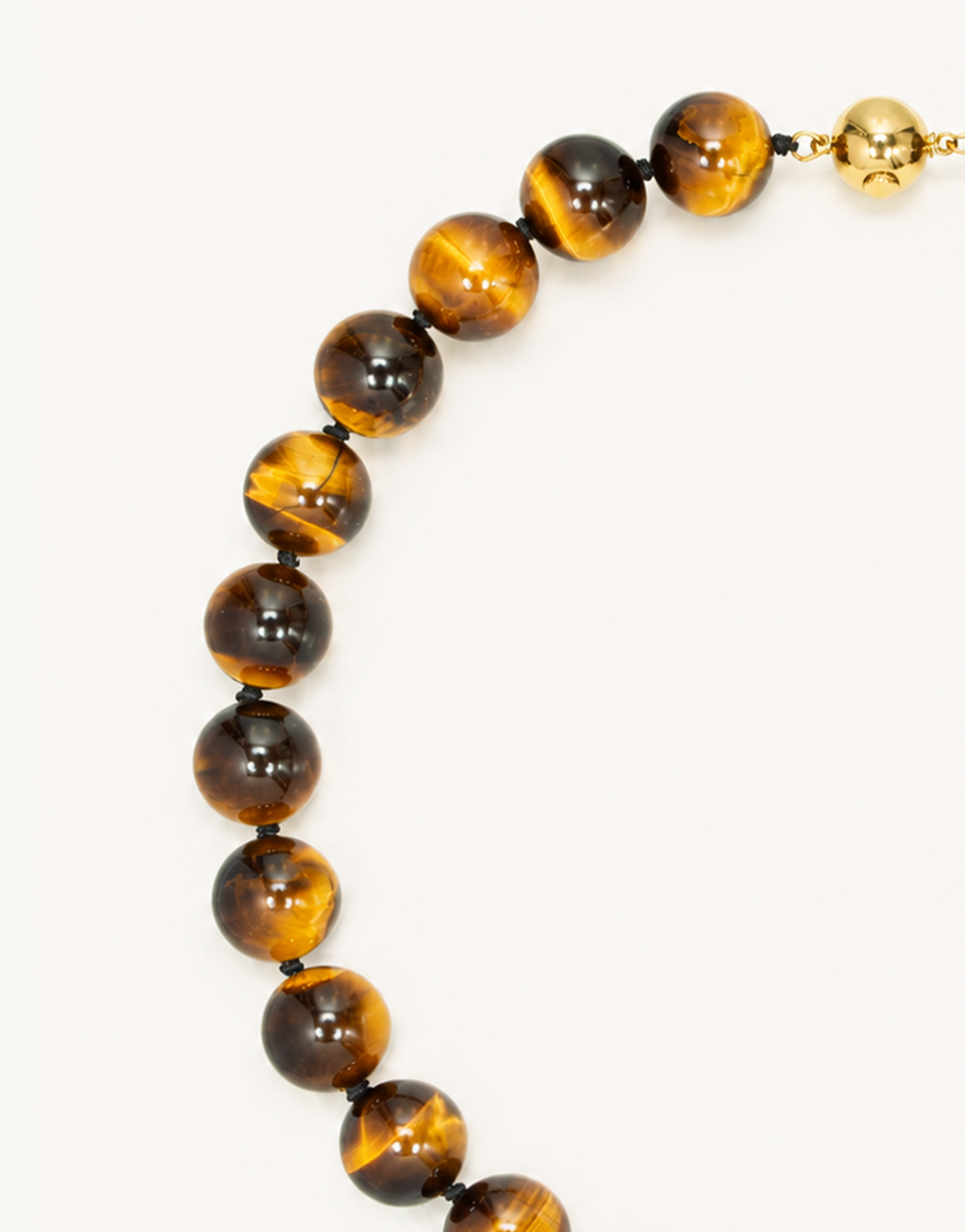 A 16-inch Natural Tiger's Eye Necklace featuring smooth 12mm beads with chatoyant golden-brown and bronze banding.
