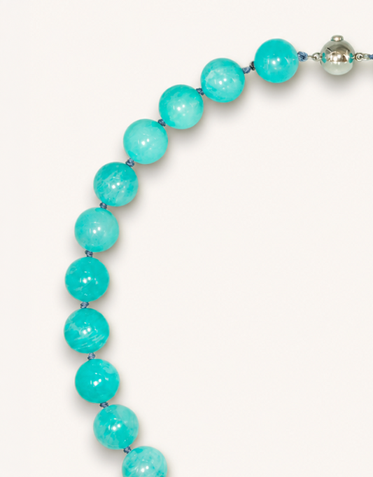 A 16-inch Natural Amazonite Choker featuring polished 12mm sea-foam green and blue beads with unique natural striations.