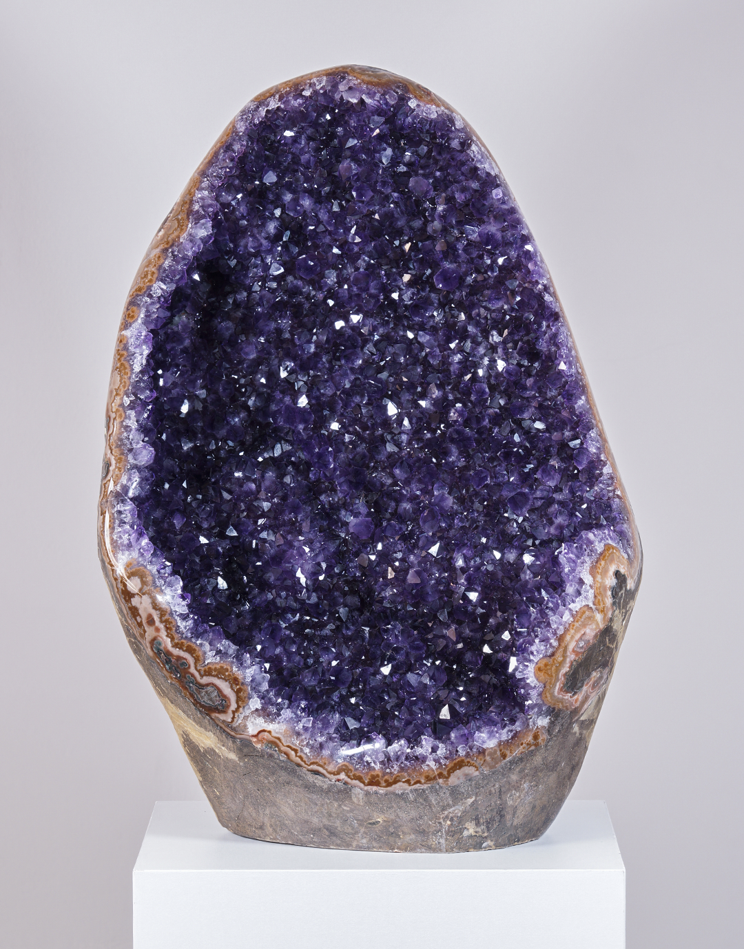 A large polished amethyst geode specimen with a deep purple crystal interior and brown outer matrix, displayed on a white pedestal against a light gray studio background.