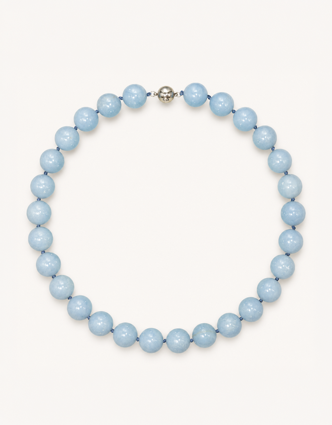 A 16-inch Natural Angelite Necklace featuring large 14mm polished beads in soft sky-blue with delicate white marbling.