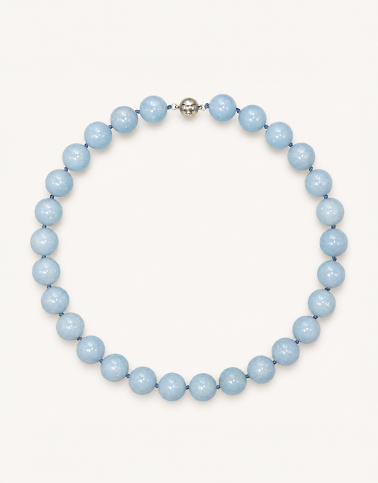 A 16-inch Natural Angelite Necklace featuring large 14mm polished beads in soft sky-blue with delicate white marbling.