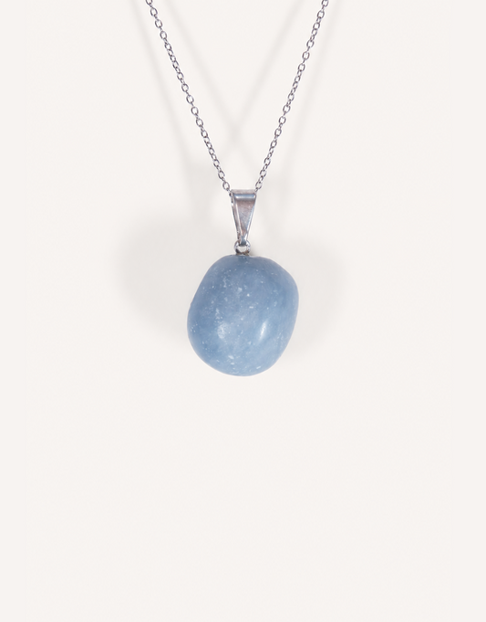 A Natural Angelite Pendant featuring a smooth powder-blue tumbled stone on an 18-inch stainless steel chain.