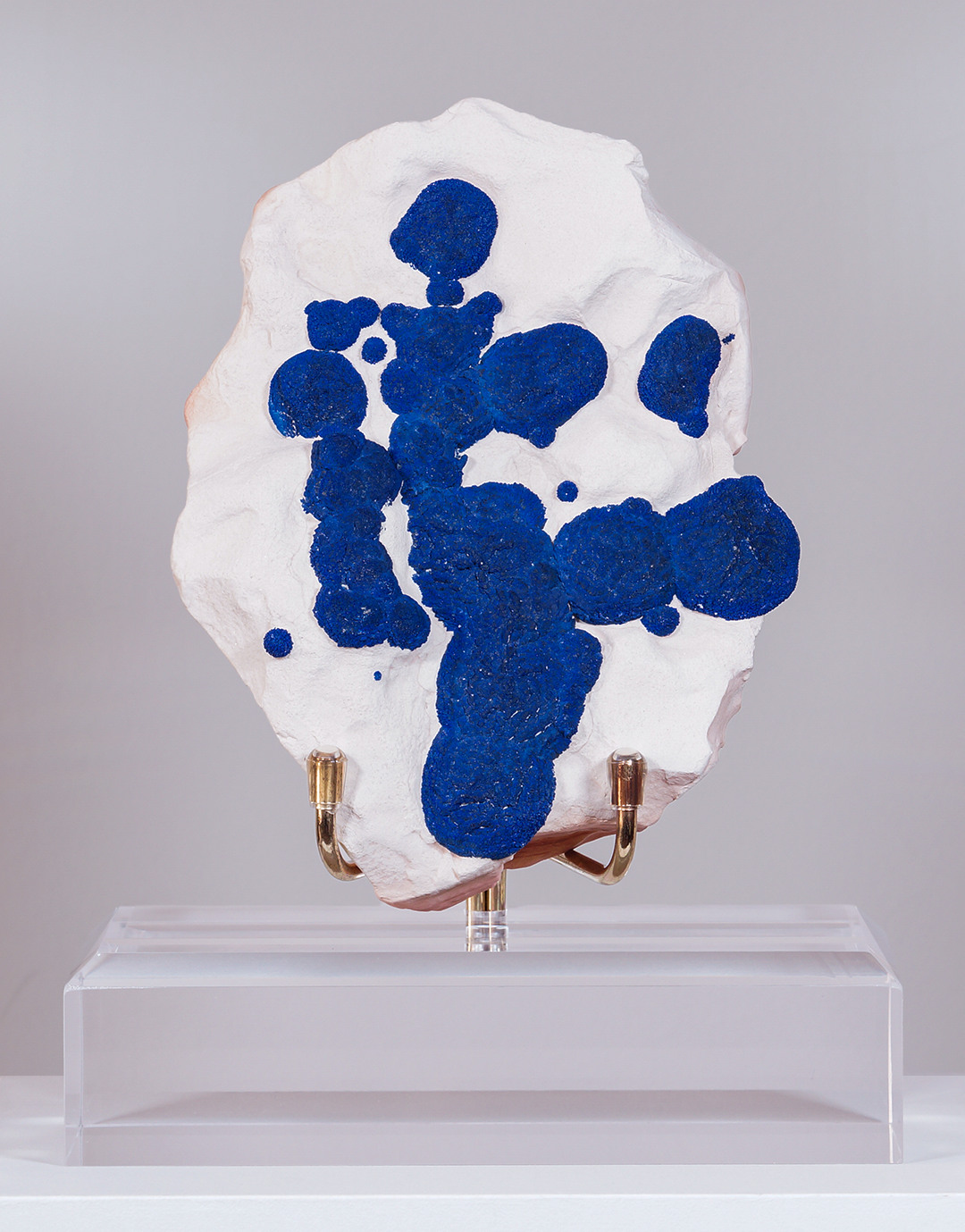 An Azurite on Kaolinite mineral specimen from the Malbunka Mine, Australia, featuring vivid blue azurite clusters on white matrix, mounted on a clear stand.