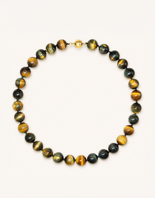 A 16-inch Natural Brown and Blue Tiger's Eye Choker showcasing smooth 12mm beads with golden-brown and deep blue chatoyant banding.