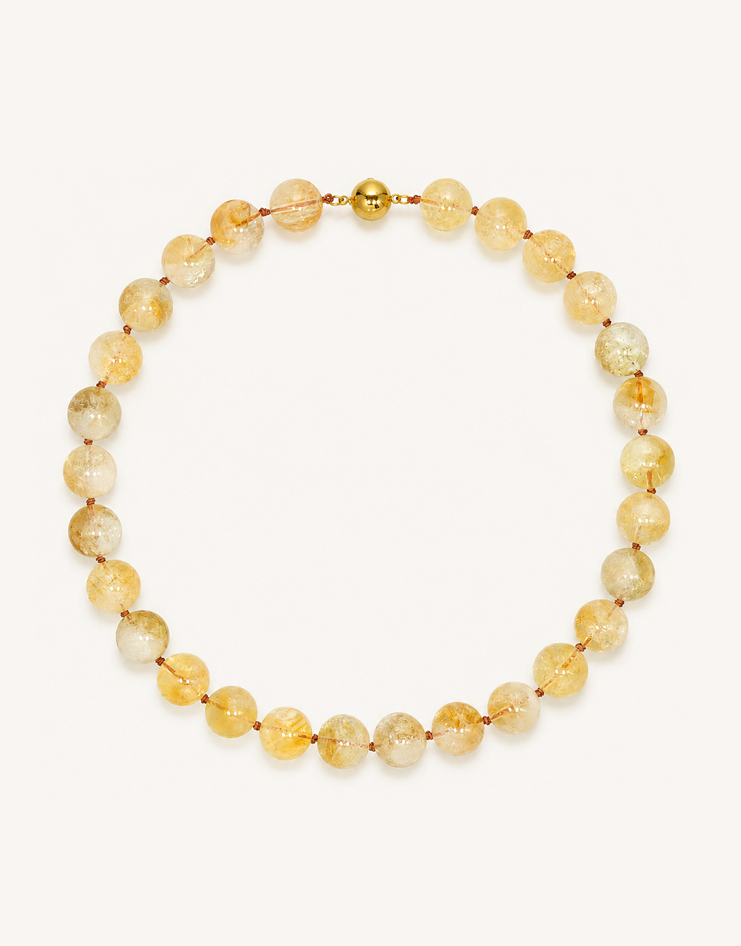A 16-inch Natural Citrine Necklace crafted with smooth 12mm translucent beads in shades of warm amber, yellow, and honey.