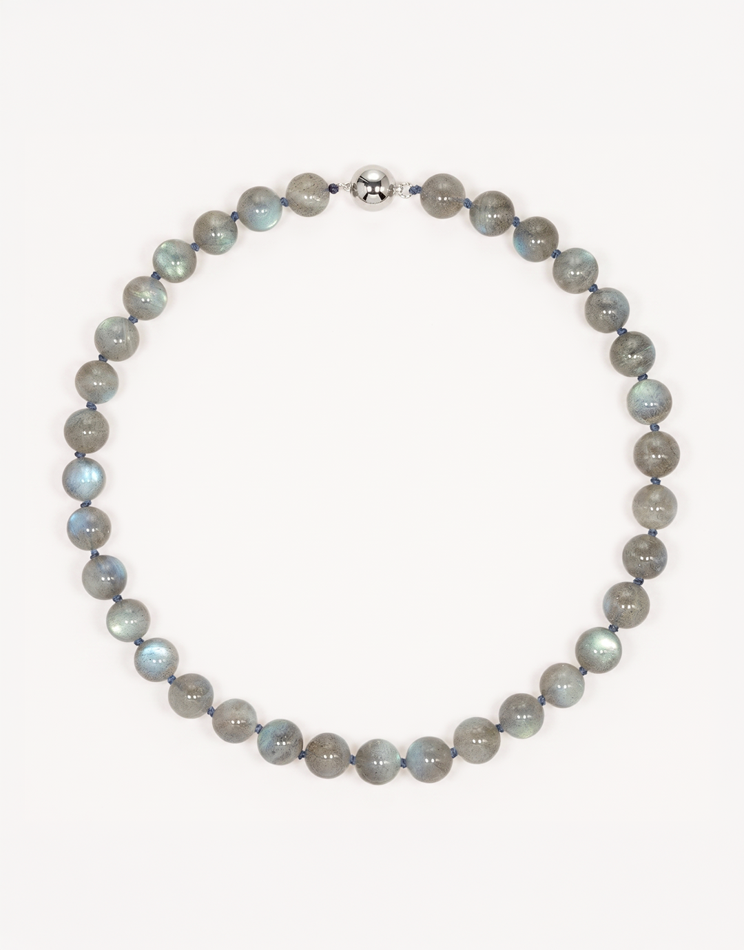 A 16-inch Natural Labradorite Necklace showcasing smooth 10mm charcoal-grey beads with iridescent blue and green labradorescence.