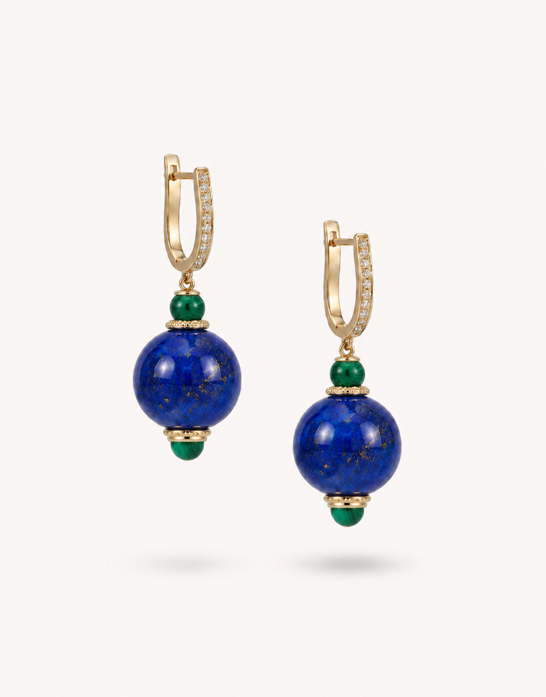 Natural Lapis Lazuli and Malachite drop earrings in 925 silver with sparkling moissanite-paved huggie hoops.