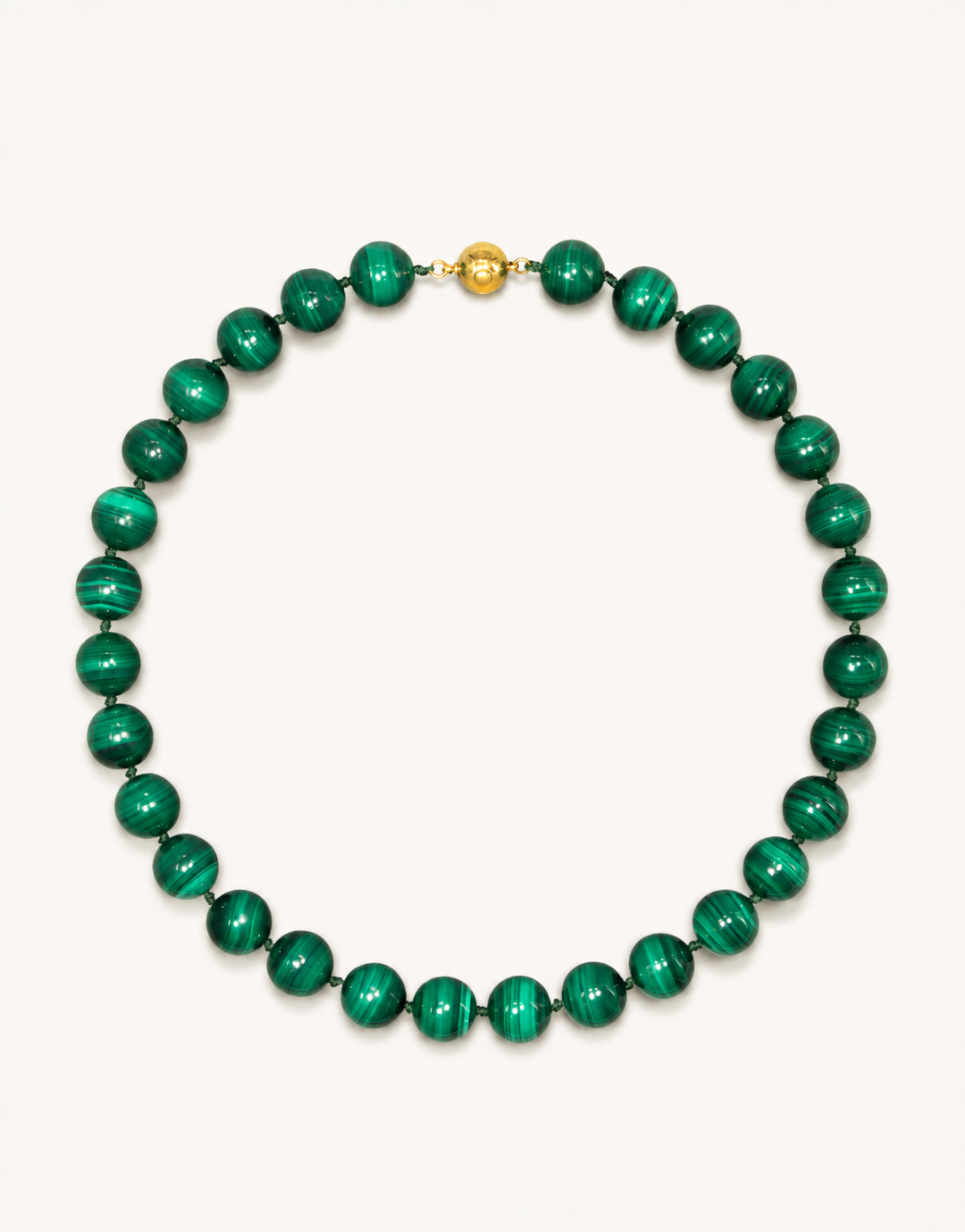 A 16-inch Natural Malachite Choker featuring large 12mm polished beads with unique green banded patterns.