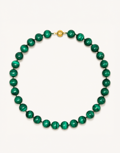 A 16-inch Natural Malachite Choker featuring large 12mm polished beads with unique green banded patterns.