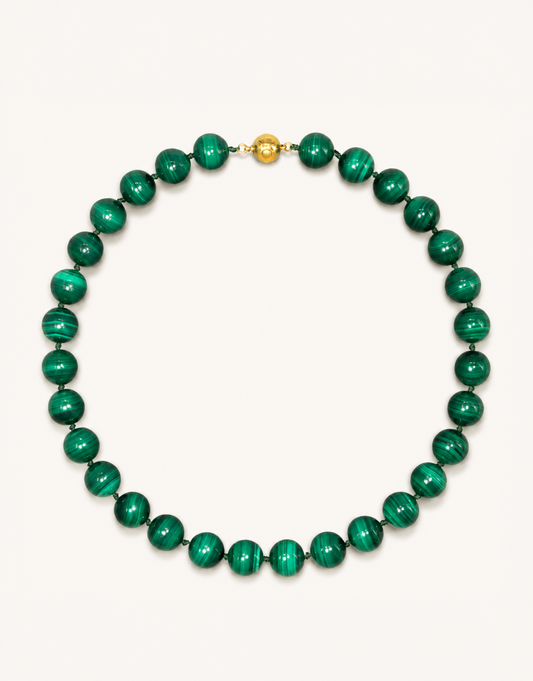 A 16-inch Natural Malachite Choker featuring large 12mm polished beads with unique green banded patterns.