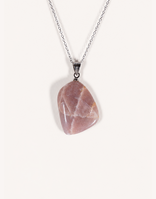 A Natural Peach Moonstone Pendant featuring smooth apricot and dusty-rose tones with a soft sheen on an 18-inch stainless steel chain.