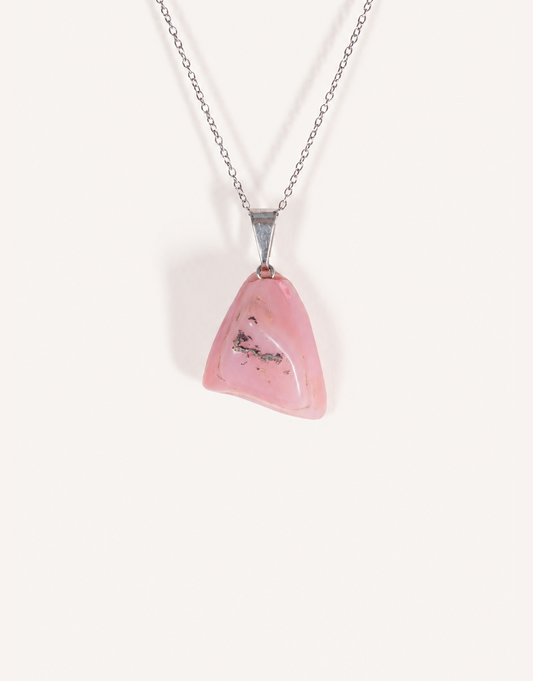 A Natural Pink Opal Pendant featuring a smooth pastel pink tumbled stone on an 18-inch stainless steel chain.