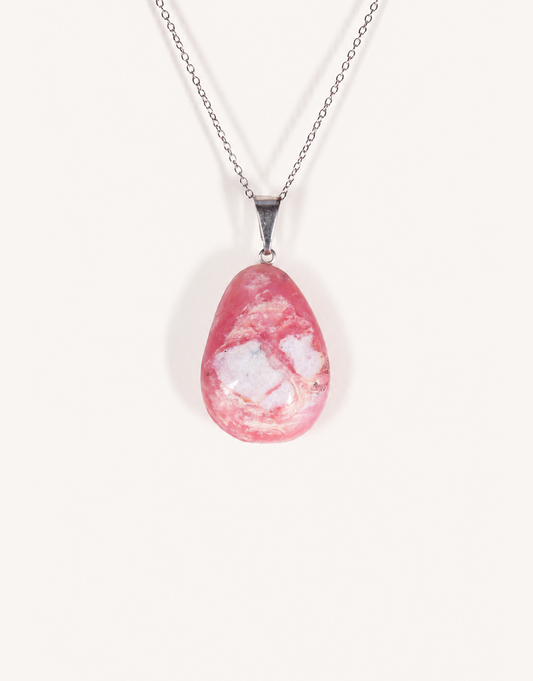 A Natural Pink Opal Pendant featuring smooth pastel pink and ivory hues on an 18-inch stainless steel chain.