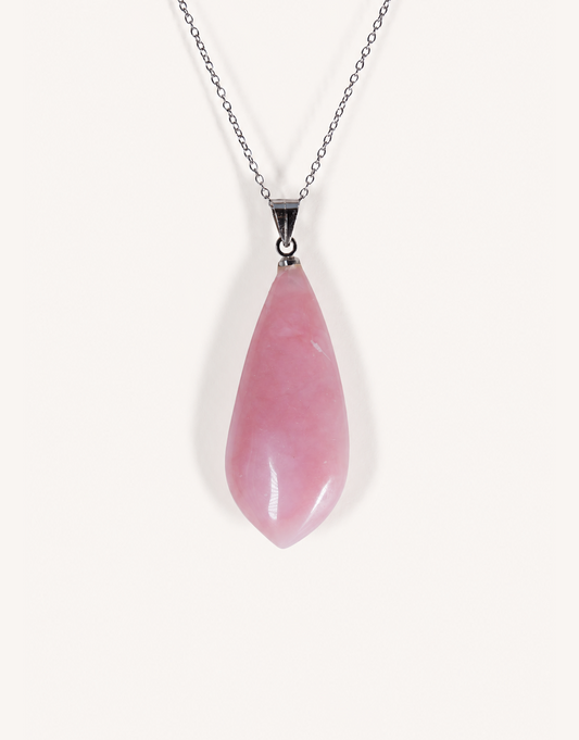A Natural Pink Opal Pendant featuring smooth pastel pink and ivory hues on an 18-inch stainless steel chain.