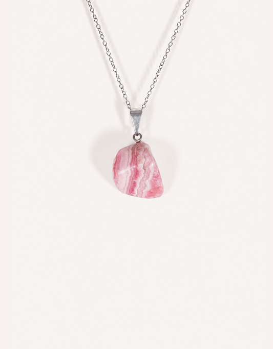 A Natural Rhodochrosite Pendant featuring a smooth pink stone with white banded ribbons on an 18-inch stainless steel chain.