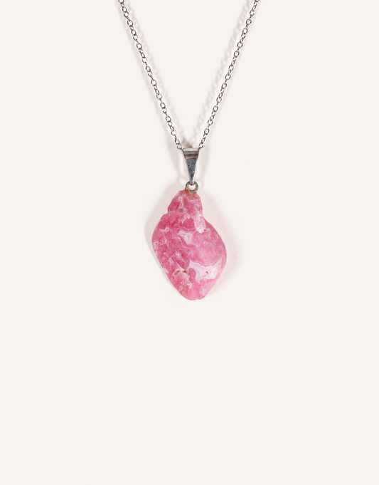 A Natural Rhodochrosite Pendant featuring a smooth pink stone with white banded ribbons on an 18-inch stainless steel chain.