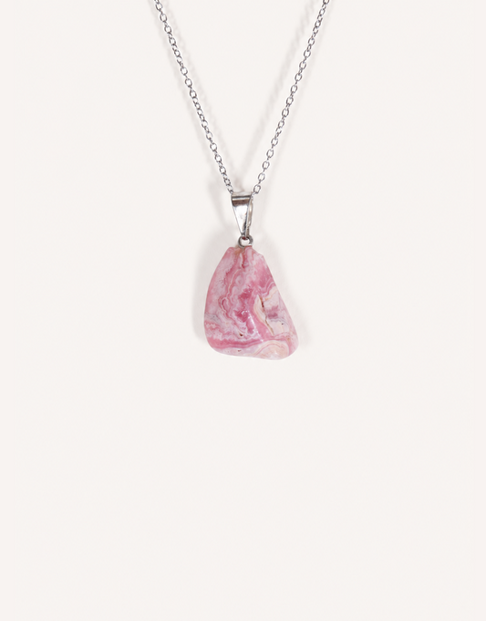 A Natural Rhodochrosite Pendant featuring a smooth pink stone with white banded ribbons on an 18-inch stainless steel chain.