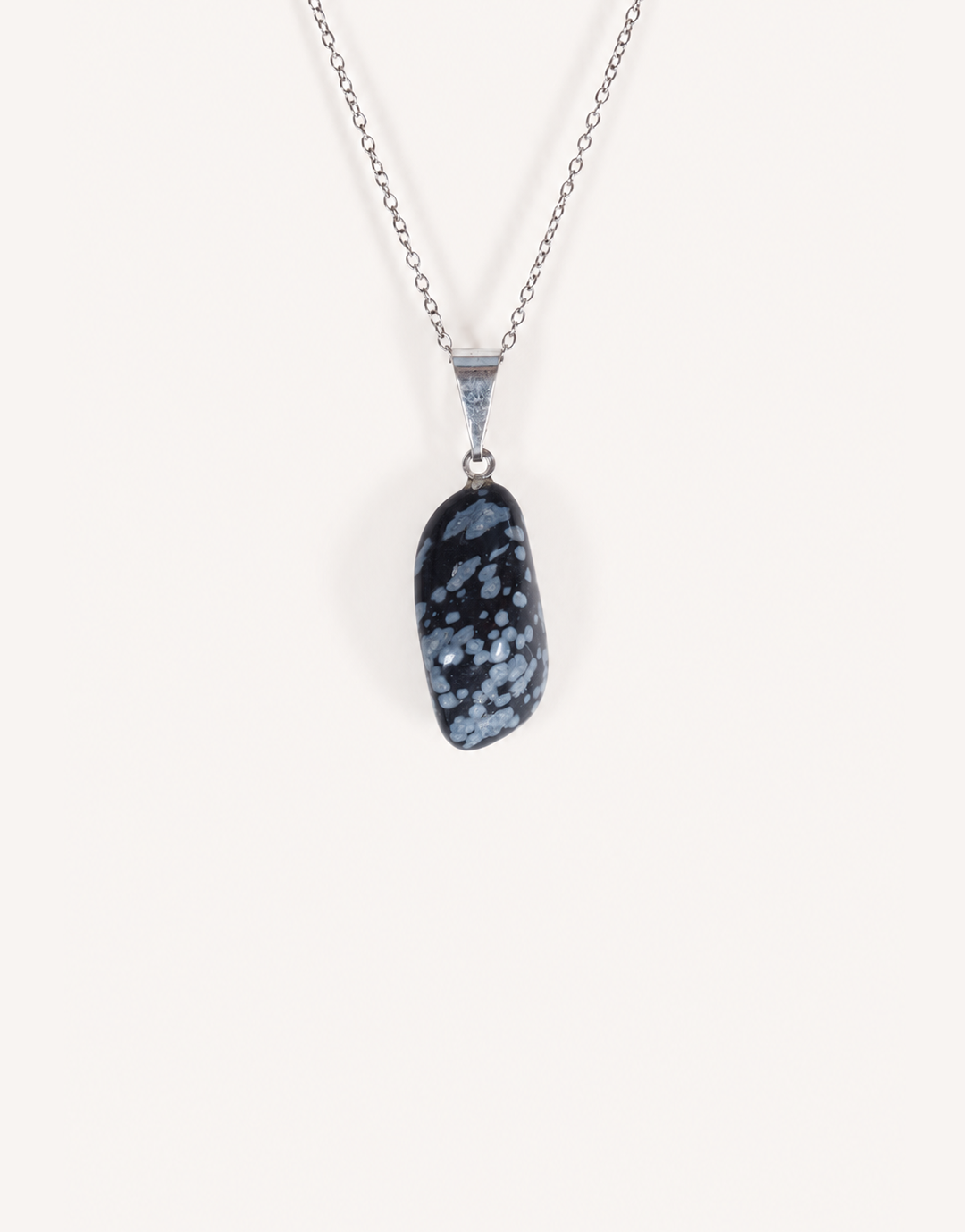 Natural polished snowflake obsidian pendant in jet black with white crystalline patterns on a complimentary 18-inch stainless steel chain.