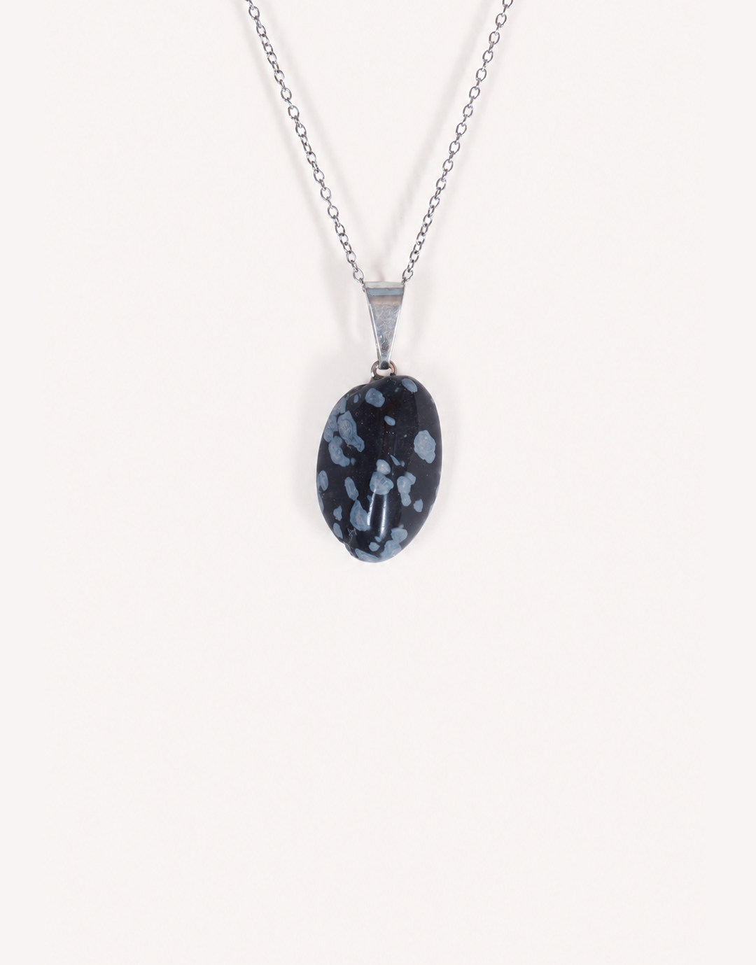 Natural polished snowflake obsidian pendant in jet black with white crystalline patterns on a complimentary 18-inch stainless steel chain.