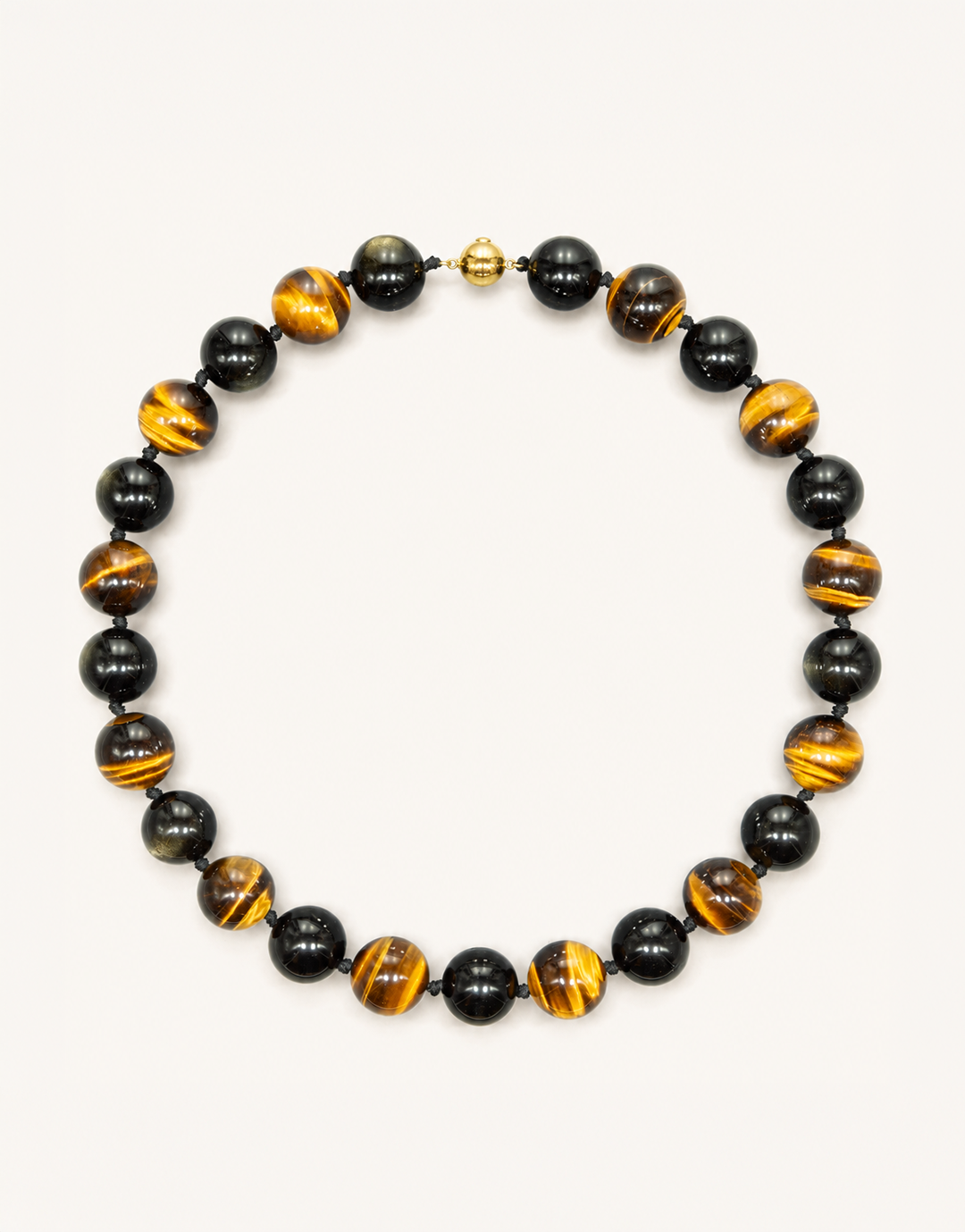 A 16-inch Natural Silver Sheen Obsidian and Tiger's Eye Necklace featuring 16mm polished beads with silver metallic flash and golden chatoyant bands.