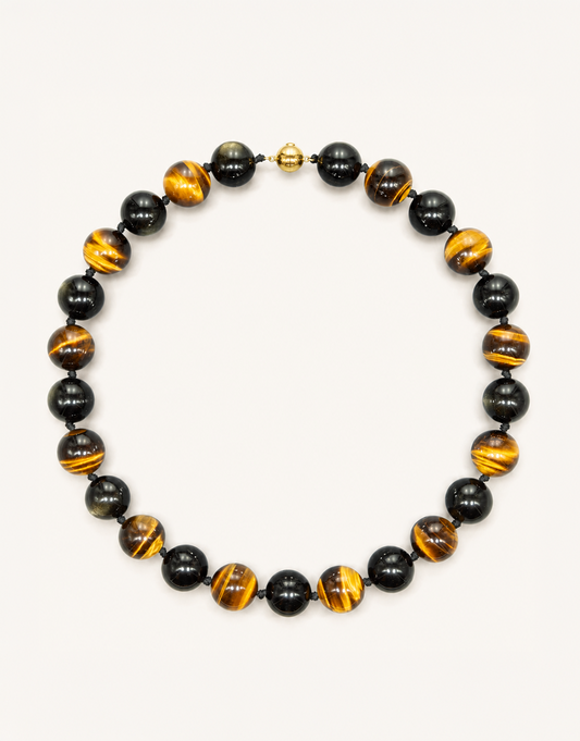A 16-inch Natural Silver Sheen Obsidian and Tiger's Eye Necklace featuring 16mm polished beads with silver metallic flash and golden chatoyant bands.