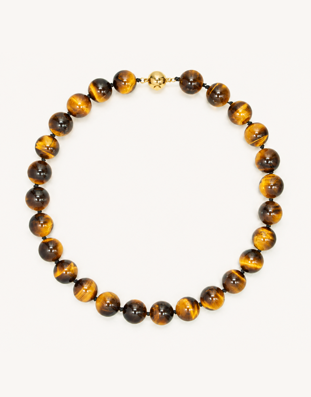 A 16-inch Natural Tiger's Eye Necklace featuring smooth 12mm beads with chatoyant golden-brown and bronze banding.