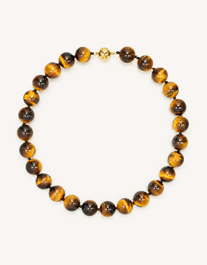 A 16-inch Natural Tiger's Eye Necklace featuring smooth 12mm beads with chatoyant golden-brown and bronze banding.