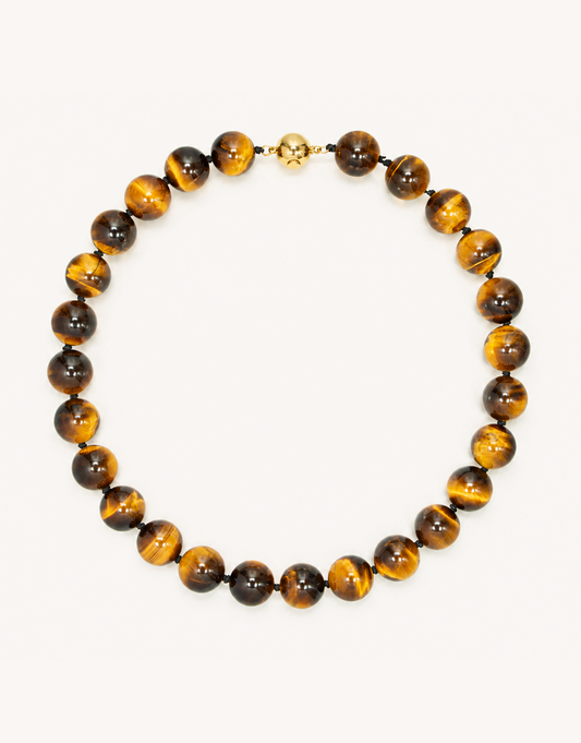 A 16-inch Natural Tiger's Eye Necklace featuring smooth 12mm beads with chatoyant golden-brown and bronze banding.