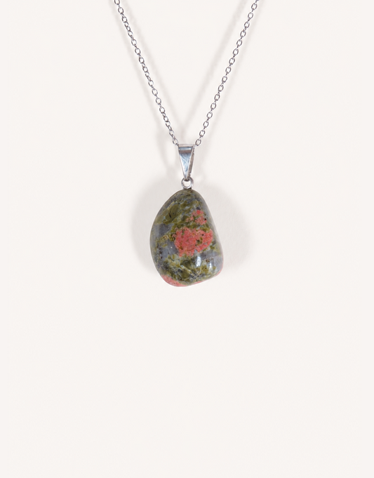 A Natural Unakite Pendant featuring a smooth green and coral-pink tumbled stone on an 18-inch stainless steel chain.