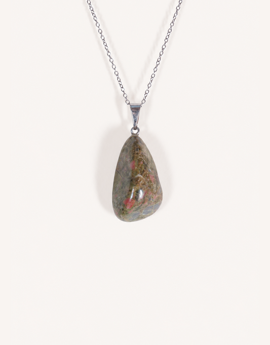 A Natural Unakite Pendant featuring a smooth green and coral-pink tumbled stone on an 18-inch stainless steel chain.