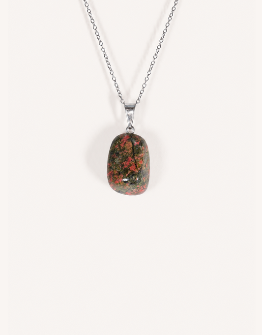 A Natural Unakite Pendant featuring a smooth green and coral-pink tumbled stone on an 18-inch stainless steel chain.