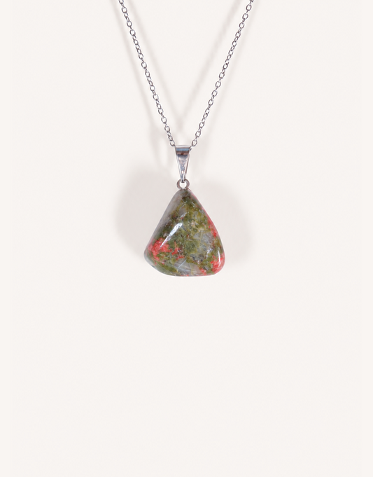 A Natural Unakite Pendant featuring a smooth green and coral-pink tumbled stone on an 18-inch stainless steel chain.