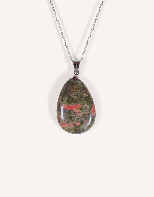 A Natural Unakite Pendant featuring a smooth green and coral-pink tumbled stone on an 18-inch stainless steel chain.