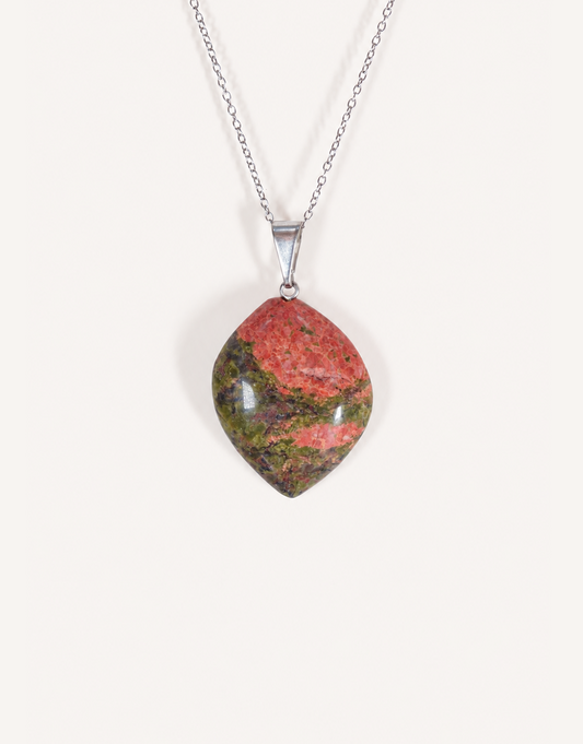 A Natural Unakite Pendant featuring a smooth green and coral-pink tumbled stone on an 18-inch stainless steel chain.
